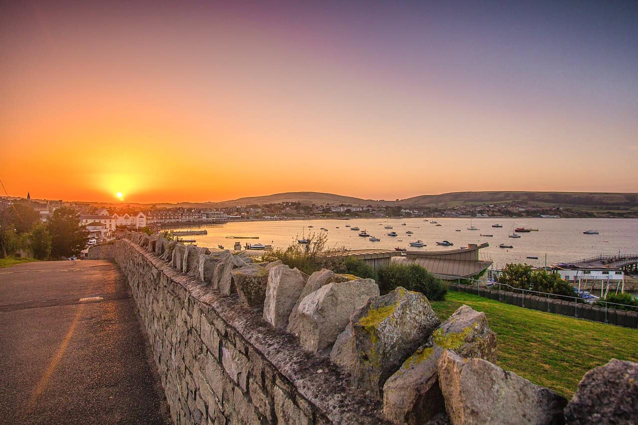 Swanage Bay in Dorset at sunset