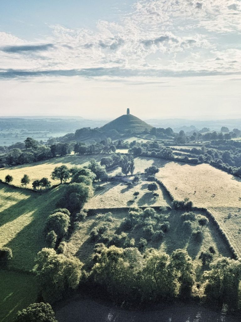 Beautiful aerial view over Glastonbury Tor, Somerset