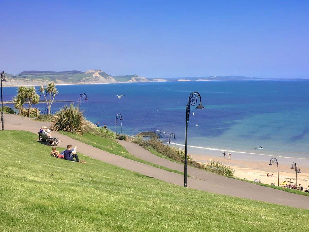 A view over Lyme Regis sea front on a bright sunny day