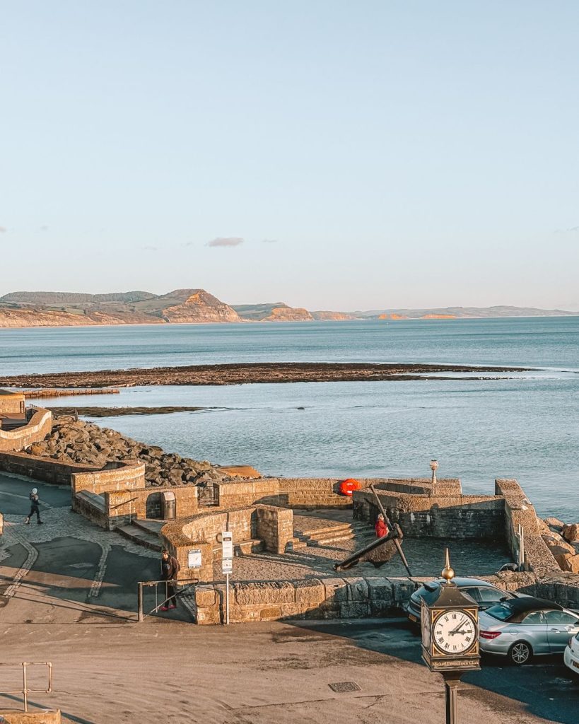 The clock at Lyme Regis and the start of the Charmouth coastal walk