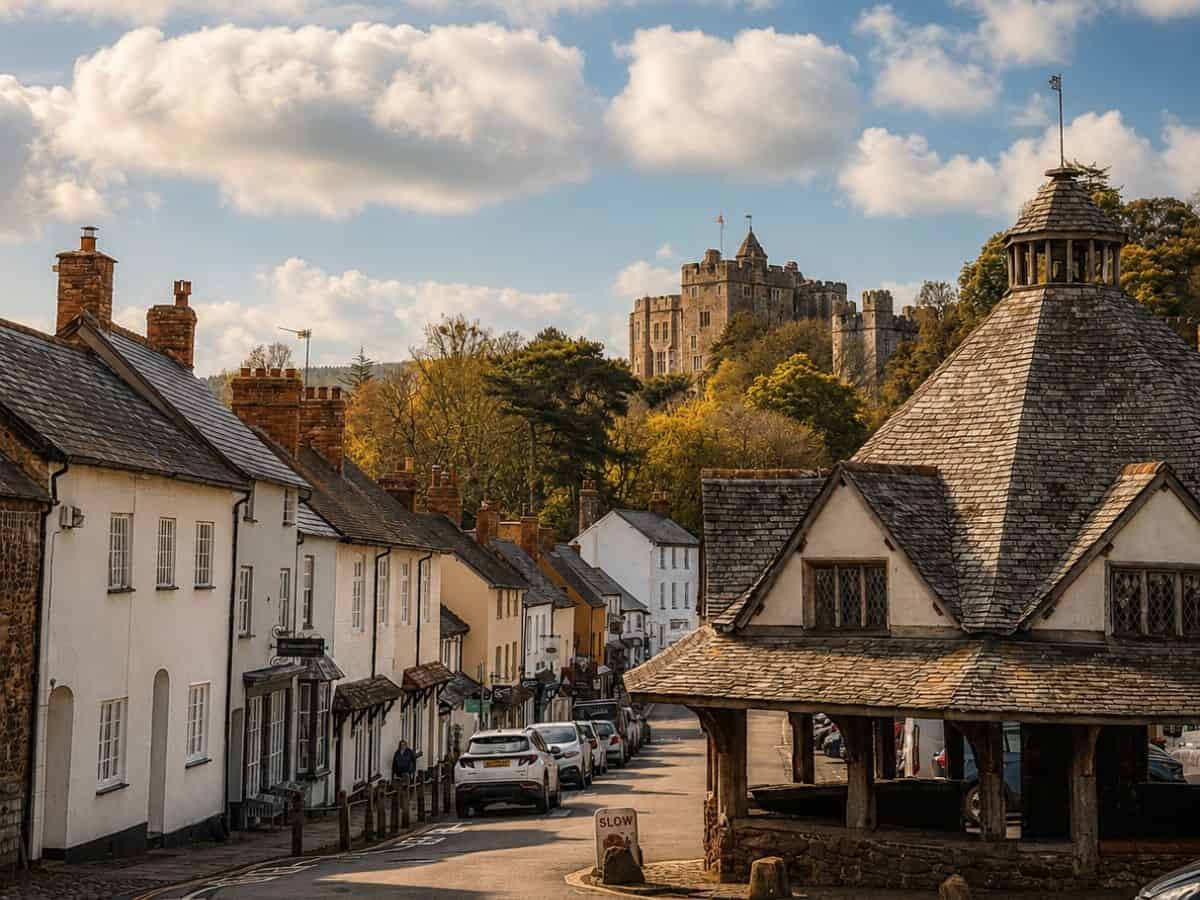 The High Street and Yarn Market looking up to Dunster Castle on a sunny day