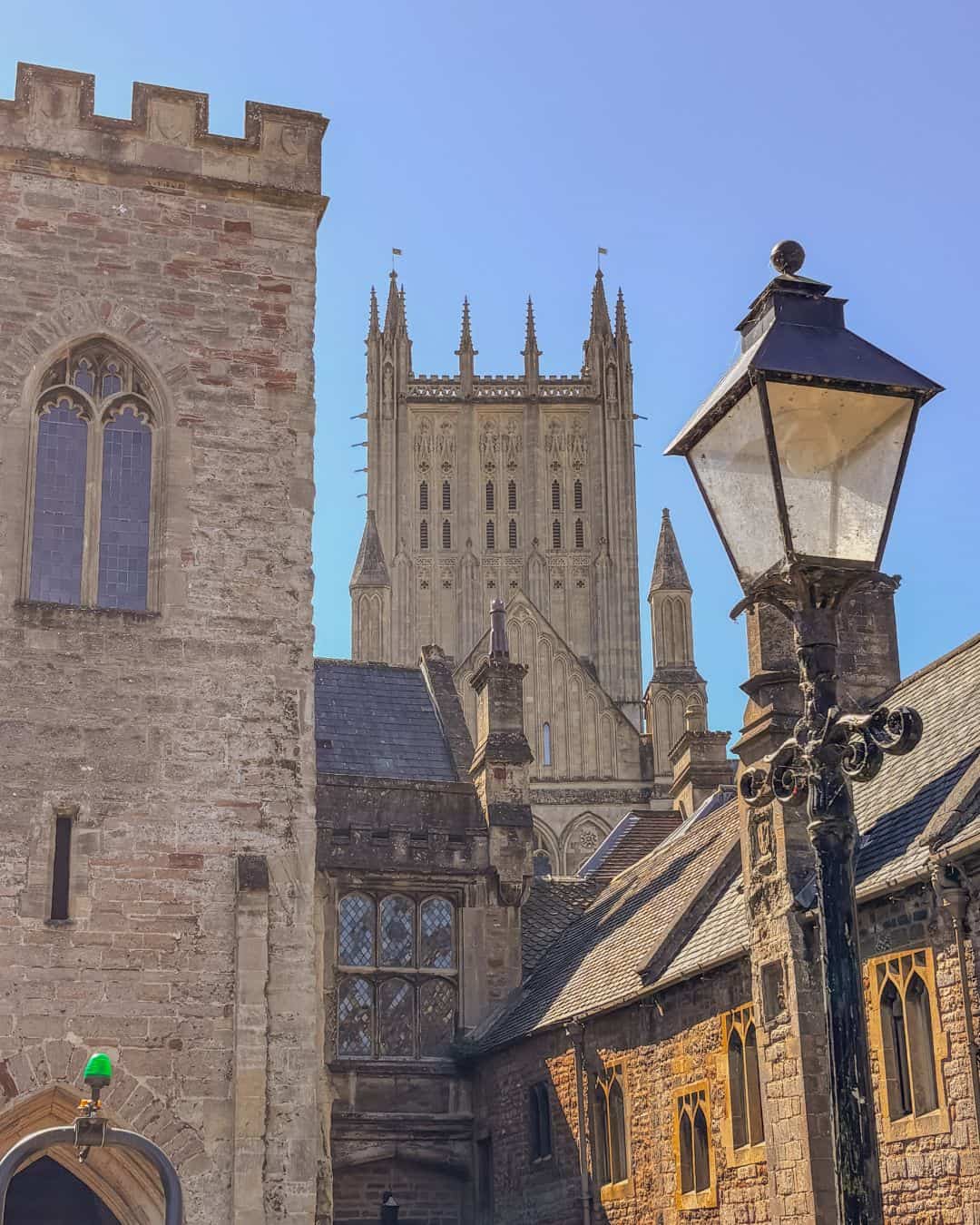 View of the cathedral from Vicar's Close, Wells in Somerset