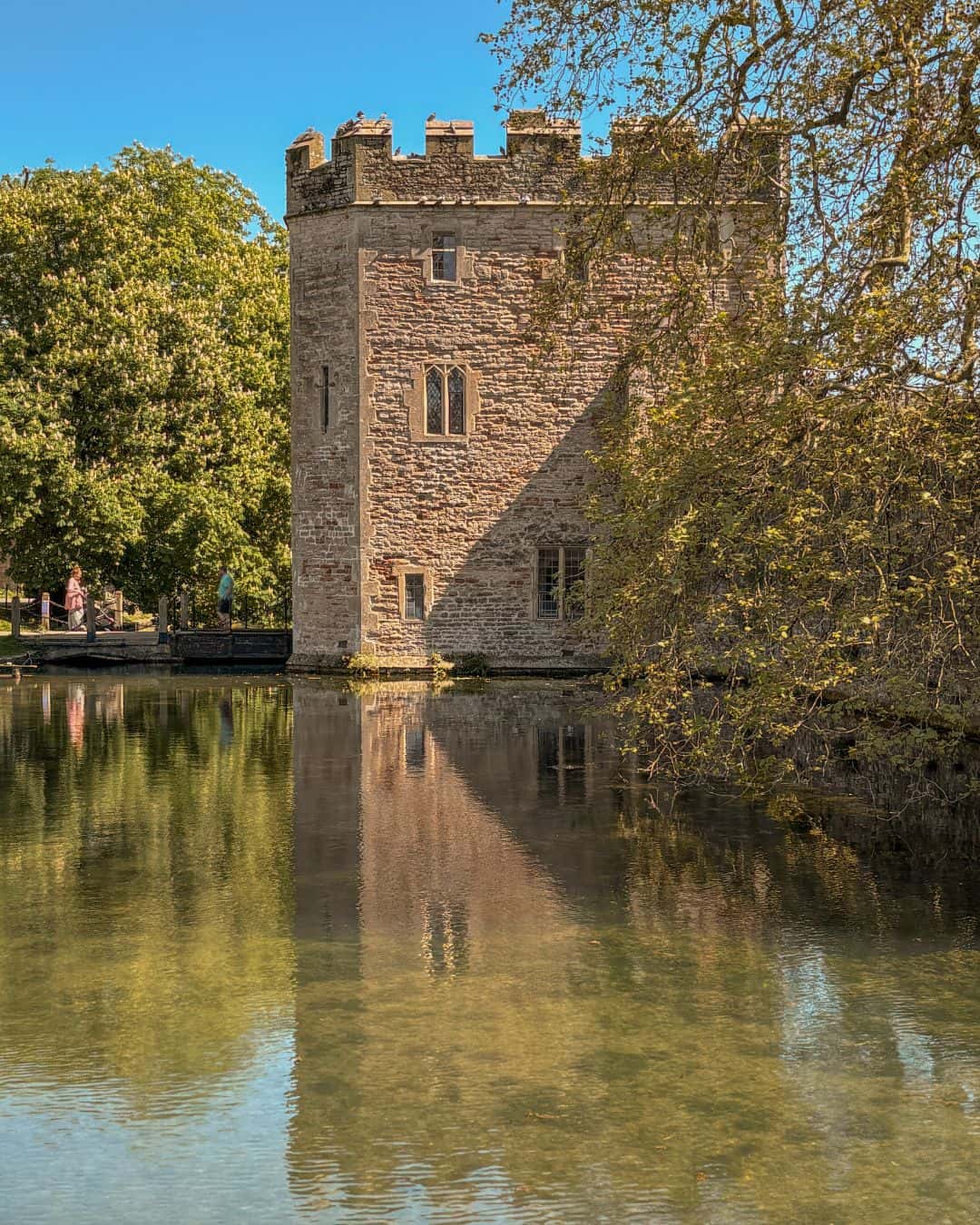 The moat and tower bridge at Bishop's Palace in Wells, Somerset