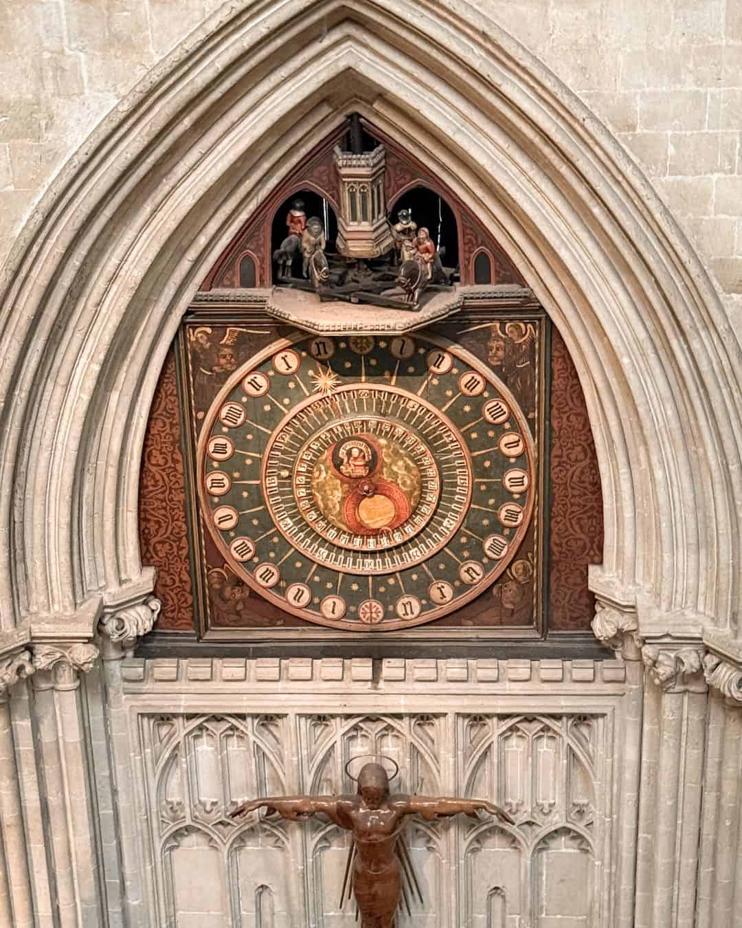The oldest working clock in England inside Wells Cathedral, Somerset